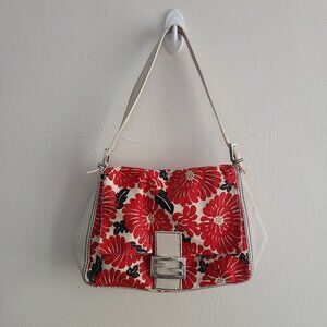 Fendi White Leather Red Canvas Floral Mama Forever Baguette Bag